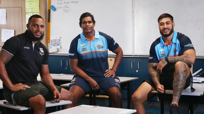 While the Intrust Super Cup rugby league competition has been cancelled this year due to the coronavirus pandemic, Northern Pride players Gideon Gela-Mosby, Terrence Casey-Douglas and Nick Lui Toso are busy in their jobs as teacher aides at Cairns West State School. PICTURE: BRENDAN RADKE.