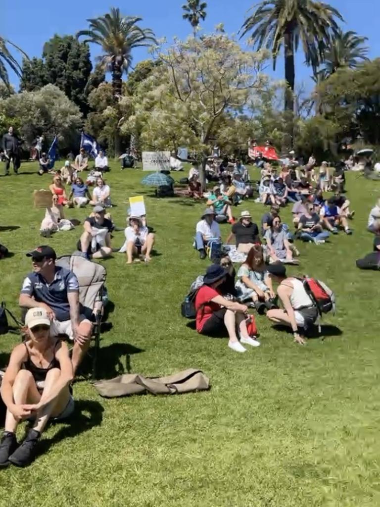 Anti-lockdown protesters await direction to begin marching. Picture: Facebook