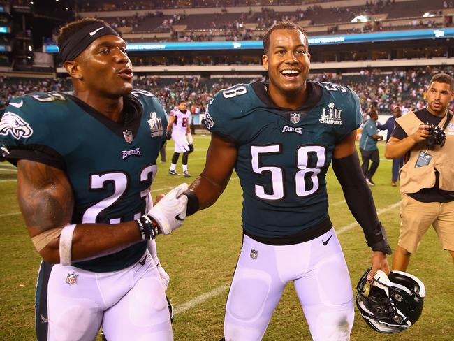 Rodney McLeod and Jordan Hicks (R) celebrate the come-from-behind victory. Picture: Getty