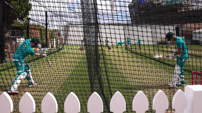 Steve Smith, left, and teammate David Warner practice in the nets Picture: AFP