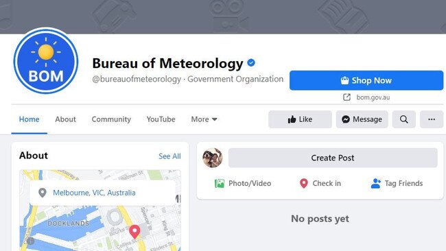 The Bureau of Meteorology Facebook page has lost all posts and information.