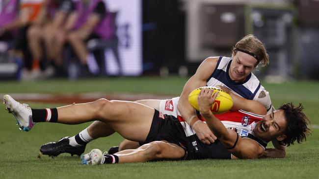 Tom Stewart lays a tackle agaisnt the Saints. Picture: Darrian Traynor/Getty Images