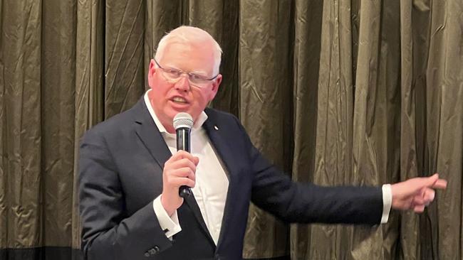 Kiama MP Gareth Ward addressing his supporters at Bomaderry Bowling Club on election night. Picture: Dylan Arvela