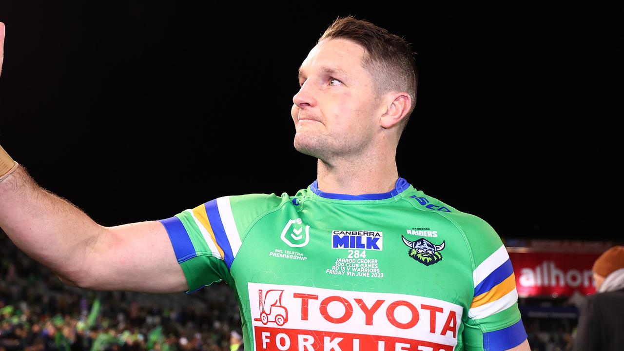 CANBERRA, AUSTRALIA - JUNE 09: Jarrod Croker of the Raiders thanks the crowd after his 300th game after the round 15 NRL match between Canberra Raiders and New Zealand Warriors at GIO Stadium on June 09, 2023 in Canberra, Australia. (Photo by Mark Nolan/Getty Images)