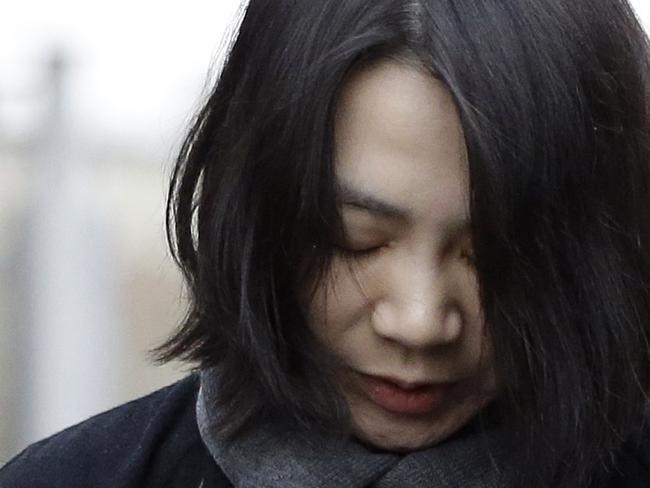 FILE - In this Friday, Dec. 12, 2014 file photo, Cho Hyun-ah, who was head of cabin service at Korean Air and the oldest child of Korean Air chairman Cho Yang-ho, speaks to the media upon her arrival for questioning at the Aviation and Railway Accident Investigation Board office of Ministry of Land, Infrastructure and Transport in Seoul, South Korea. South Korean prosecutors on Wednesday charged the former Korean Air Lines executive who achieved worldwide notoriety by kicking a crew member off a flight with violating aviation security law and hindering a government investigation. Cho's actions amounted to 