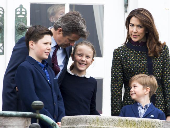 Crown Prince Frederik, and Crown Princess Mary of Denmark with children, Prince Christian of Denmark, Princess Isabella of Denmark, and Prince Vincent of Denmark Celebrate Queen Margrethe of Denmark's 77th Birthday at Marselisborg Palace on April 16, 2017 in Aarhus, Denmark. Picture: Julian Parker/UK Press via Getty Images