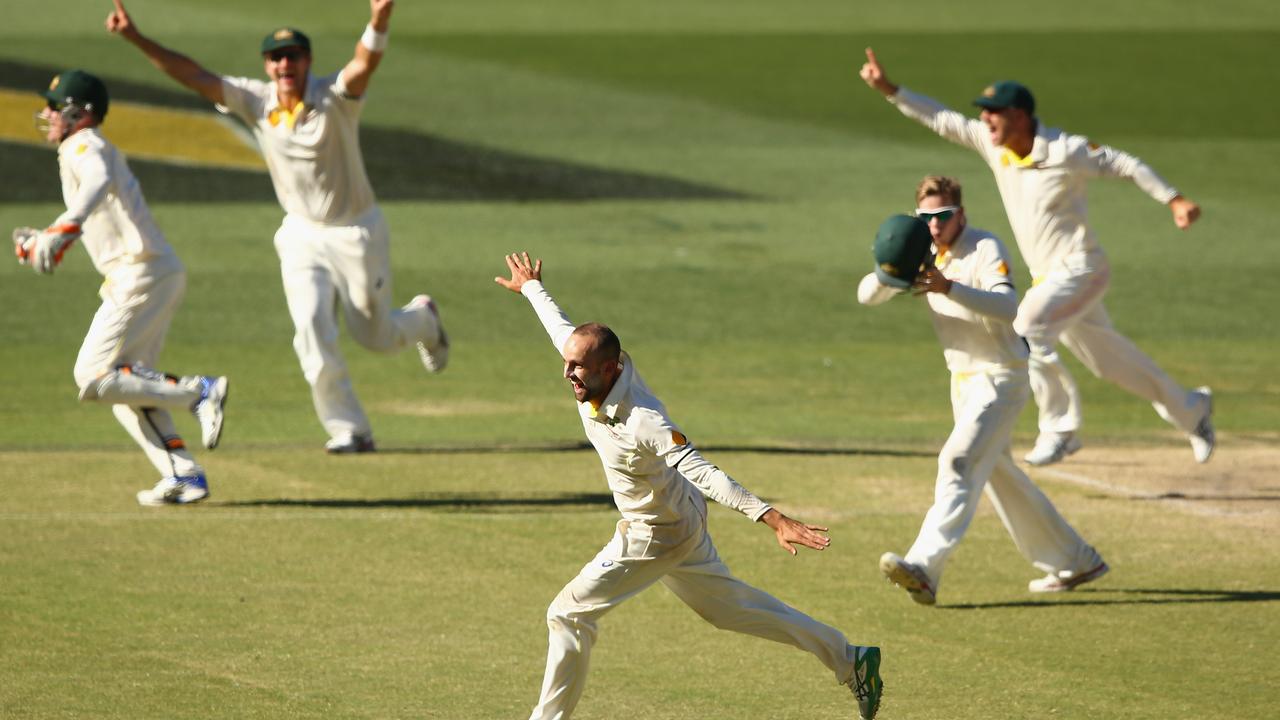 The moment: Nathan Lyon celebrates taking the final wicket of the Adelaide Test in 2014 after a remarkable spell of bowling.