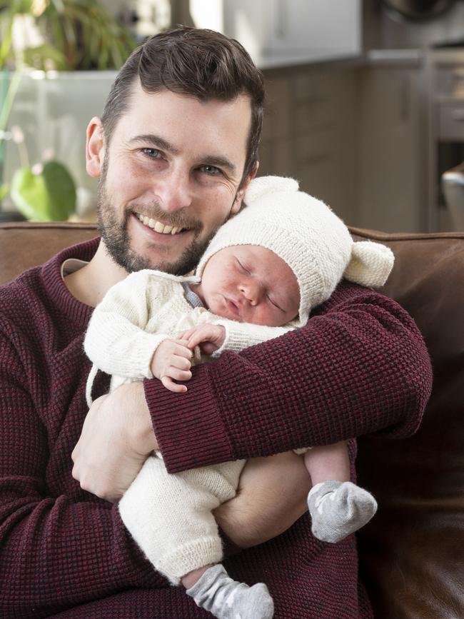 ABC sports journo and new dad Chris Rowbottom with his newborn son Oliver who was born on August 12. Picture Eddie Safarik