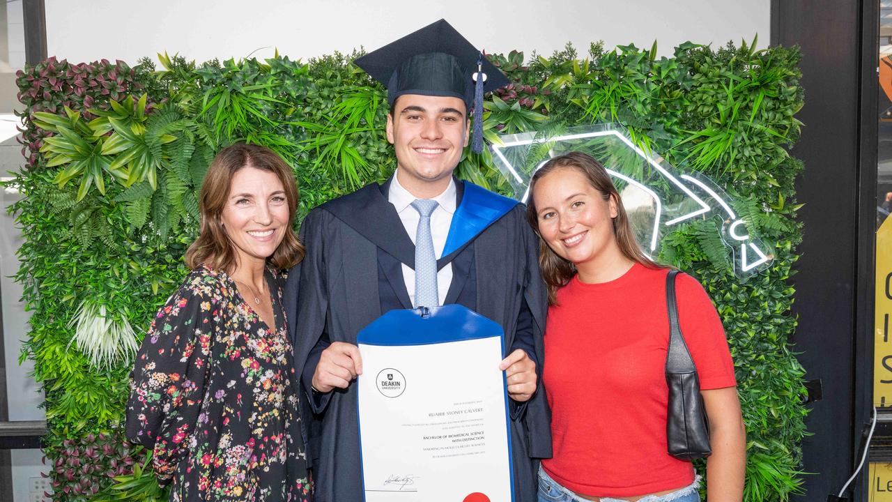 Lou Calvert, Rory Calvert and Isabella Senyard at Deakin University’s environmental science graduation on Thursday.