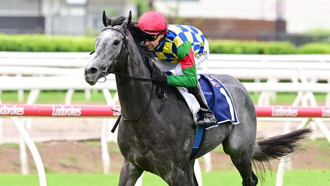 Boom Queensland two-year-old Can't Recall One wins in explosive fashion at Eagle Farm for jockey Michael Rodd and trainer Stuart Kendrick. Picture: Grant Peters/Trackside Photography.