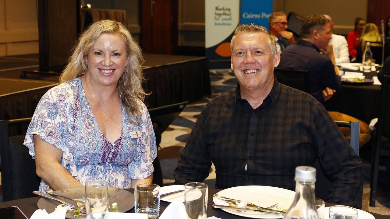 Hayley Robinson and Jim Ybema at the Cairns Chamber of Commerce February business lunch - Tourism Industry Update &amp; Outlook, held at the Pullman International hotel. Picture: Brendan Radke