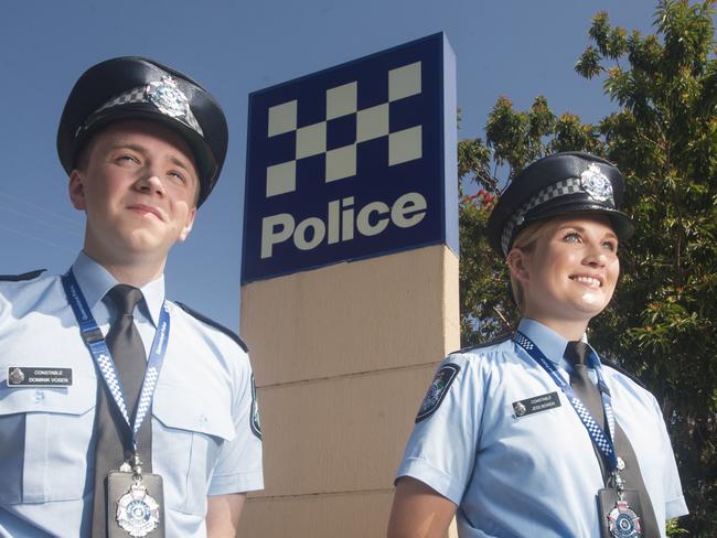 Constables Dominik Vosen and Jess Bowen among the Queensland Police Service welcomes 10 new First Year Constables (FYC), allocated to the Gold Coast District, who will receive their orientation at Mudgeeraba Police Station.Picture: Glenn Campbell