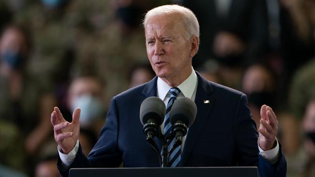 Joe Biden addresses US Air Force personnel at RAF Mildenhall in Suffolk on Wenesday night. Picture: Getty Images