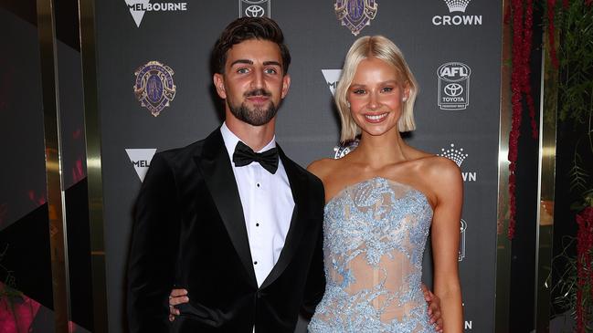 MELBOURNE, AUSTRALIA - SEPTEMBER 25: Josh Daicos and Annalise Dalins arrive ahead of the 2023 Brownlow Medal at Crown Palladium on September 25, 2023 in Melbourne, Australia. (Photo by Graham Denholm/Getty Images)