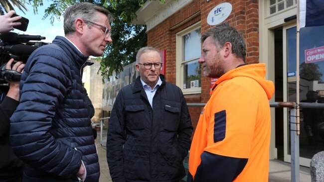 Prime Minister Anthony Albanese was confronted during a trip to flood-ravaged Eugowra. Picture: NCA NewsWire, Steve Gosch.