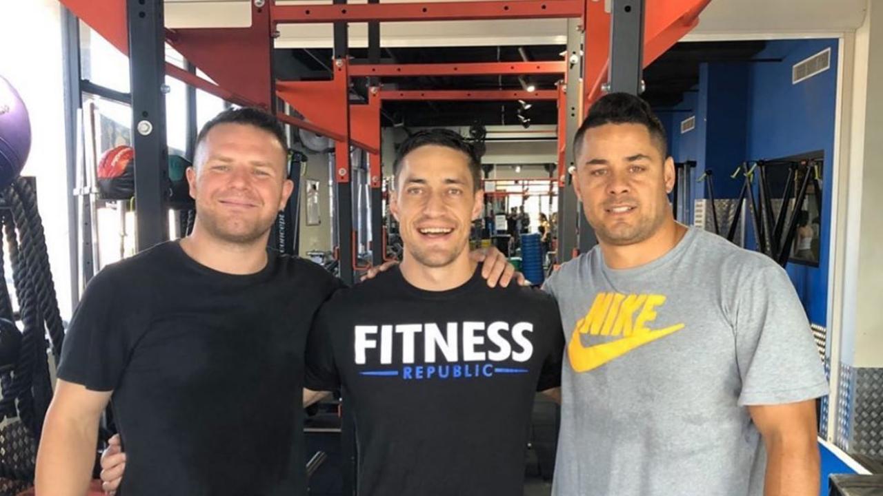 Hayne training with Parramatta and NSW forward Nathan Brown and former Eels player Troy Savage, now a personal trainer.