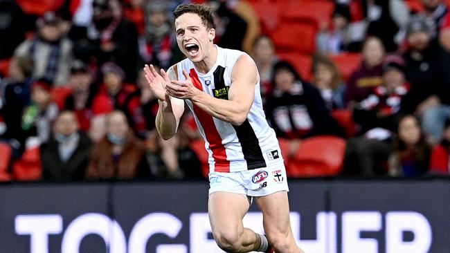 GOLD COAST, AUSTRALIA – JULY 10: Jack Billings of the Saints celebrates after kicking a goal during the round 17 AFL match between Brisbane Lions and St Kilda Saints at The Gabba on July 10, 2021 in Brisbane, Australia. (Photo by Bradley Kanaris/Getty Images)