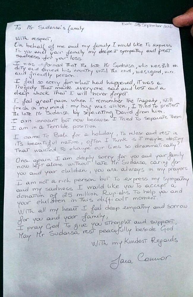 A handwritten letter written by Australian woman Sara Connor that was read in court to Ketut Arsini, the widow of Bali police officer Wayan Sudarsa, during Connor's trial at Denpasar Court in Bali. Picture: AAP Image/Putra Sinulingga