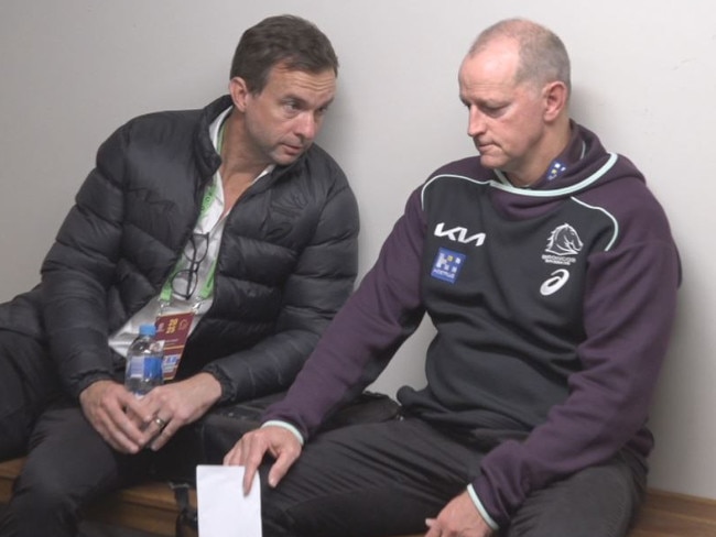 Broncos CEO Dave Donaghy and coach Michael Maguire after the Manly loss. Picture: Fox League