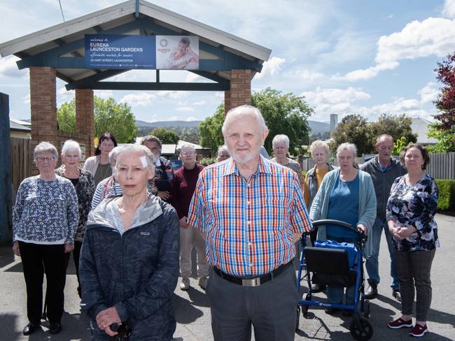 (L to R) Margaret Stephenson and Fred Lehmann with fellow residents in front of Eureka Launceston Gardens retirement village for a story about the "revolt" against company - Eureka. They are the nation's largest provider of rental accommodation to the aged and infirmed. Recently they had commenced increasing rents at an alarming rate of 14% which is a massive cost to the vulnerable residents that rent from them.As a result of tribunal hearings the issue has now escalated to a complaint being made against them to the ACCC.