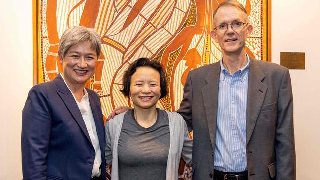 Foreign Minister Penny Wong and Australia's ambassador to Beijing Graham Fletcher with Cheng Lei in Melbourne on Wednesday after her release. Pictures: Sarah Hodges/DFAT/AFP