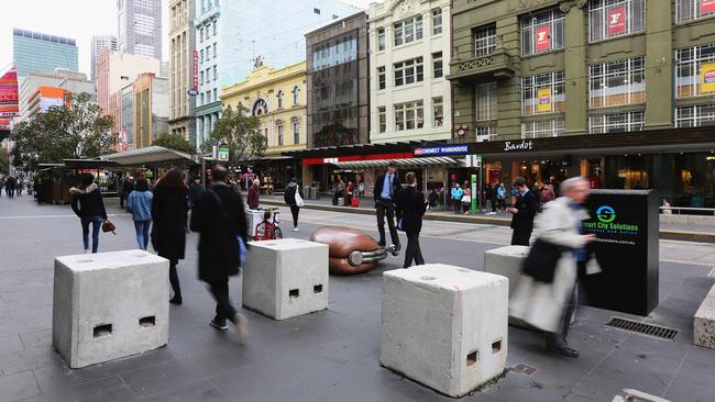 Bollards now in place at Bourke St Mall. Picture: Michael Dodge/Getty