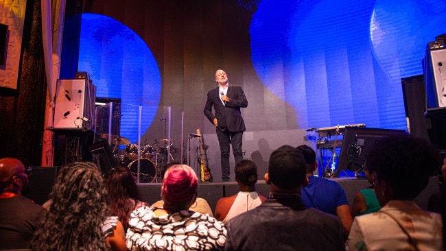 Global Senior Pastor Brian Houston speaking on stage during the Hillsong Atlanta grand opening at Hillsong Atlanta on June 06, 2021 in Atlanta, Georgia. Photo: Marcus Ingram/Getty Images