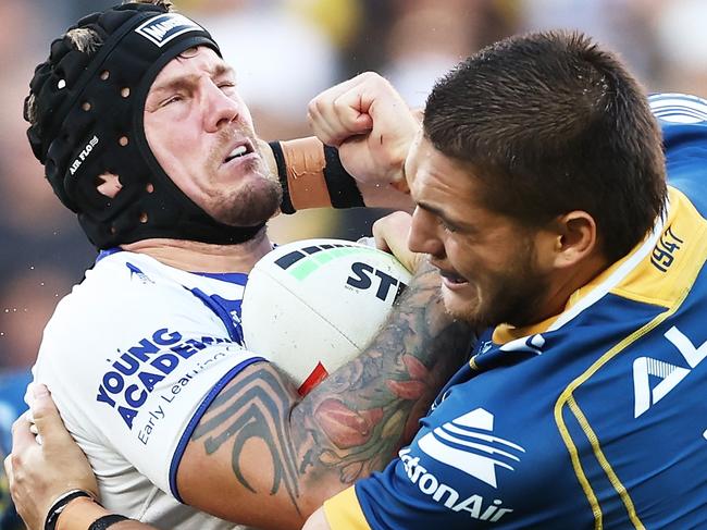 SYDNEY, AUSTRALIA - APRIL 16:  Ryan Sutton of the Bulldogs is tackled during the round seven NRL match between Parramatta Eels and Canterbury Bulldogs at CommBank Stadium on April 16, 2023 in Sydney, Australia. (Photo by Matt King/Getty Images)