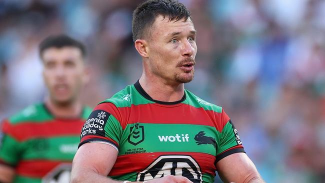 SYDNEY, AUSTRALIA - MARCH 29: Damien Cook of the Rabbitohs talks to the referee during the round four NRL match between South Sydney Rabbitohs and Canterbury Bulldogs at Accor Stadium, on March 29, 2024, in Sydney, Australia. (Photo by Cameron Spencer/Getty Images)