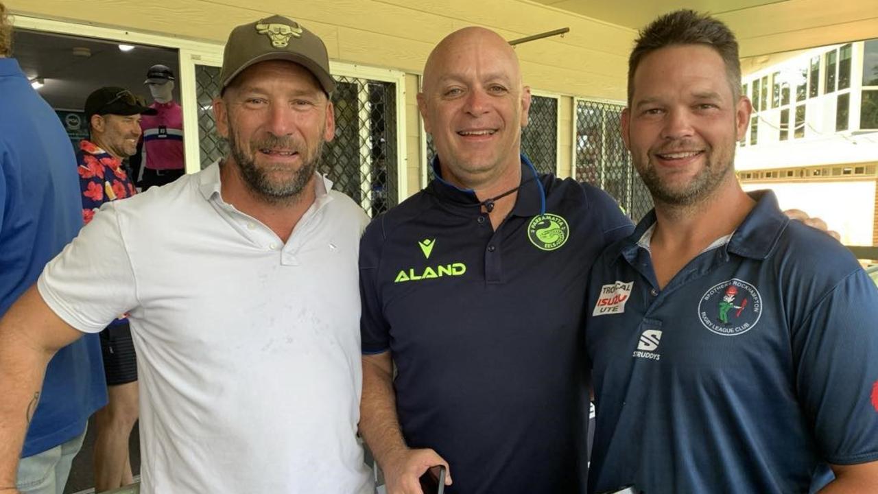 Kane Hardy, Troy Lewis and Damien Seibold at the inaugural Brendon Hall Memorial Golf Day at the Rockhampton Golf Club on February 16, 2025.