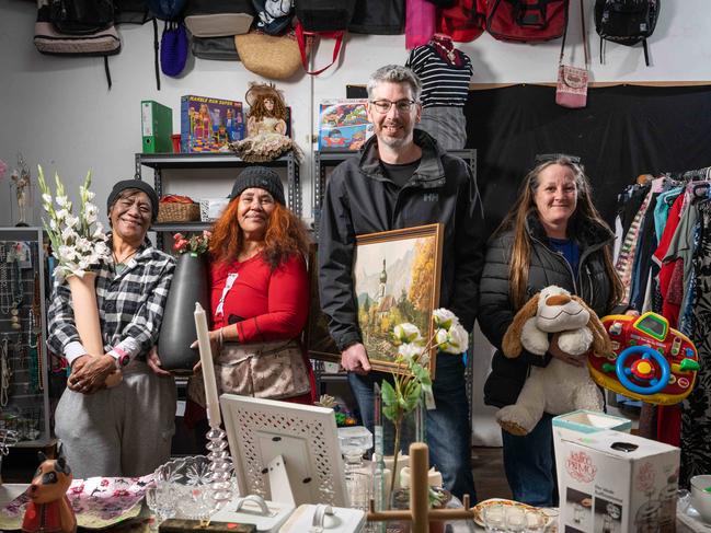 27-08-2024 Carol Keti, Caroline  Bryson, Simon Reeves and Emma Delladio in the Opportunity Shop in Labuan Square, Norlane. Picture: Brad Fleet