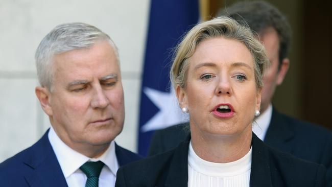 Michael McCormack and Bridget McKenzie at a press conference at Parliament House in Canberra. Picture: Gary Ramage