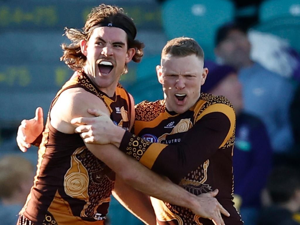 Jai Newcombe and James Sicily of the Hawks celebrate