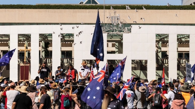 Thousands of protesters are expected to return to Canberra to demonstrate against the coronavirus vaccine mandates and restrictions as well as calling for greater "freedoms". Picture: Brook Mitchell/Getty Images