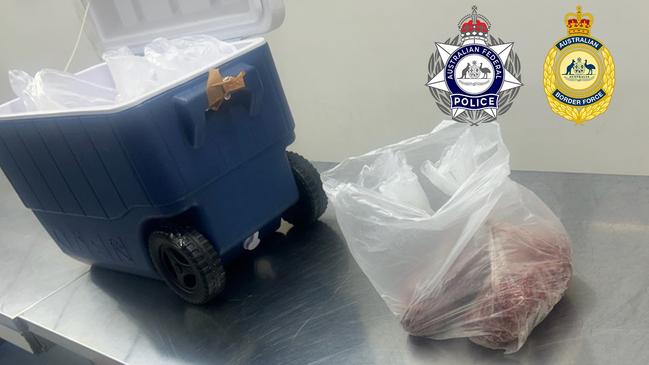 The Esky seized with the bag of mince. AFP have charged three men after an Esky full of meat and meth was discovered at Christmas Island Airport. Picture: Supplied.