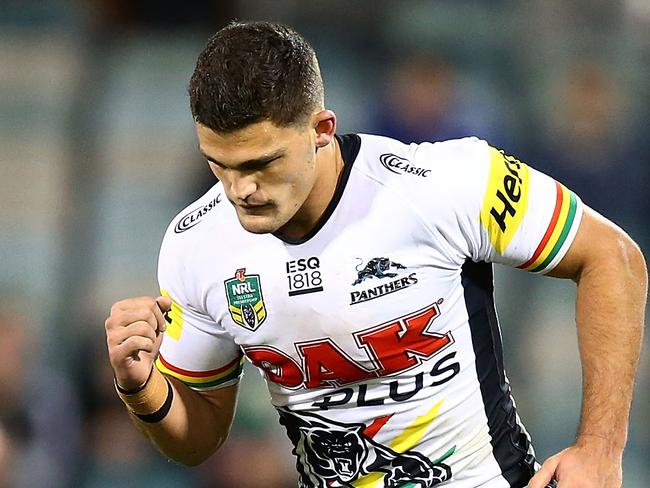 CANBERRA, AUSTRALIA - JUNE 08: Nathan Cleary of the Panthers celebrates kicking a field goal to win the round 14 NRL match between the Canberra Raiders and the Penrith Panthers at GIO Stadium on June 8, 2018 in Canberra, Australia.  (Photo by Mark Nolan/Getty Images)