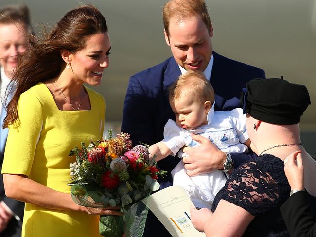 Back when they were the Duke and Duchess of Cambridge, arriving at Sydney Airport with baby Prince George in 2014. Picture: Ryan Pierse/Getty Images