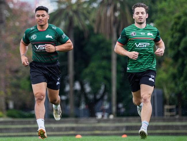 All Blacks star Caleb Clarke has a run with Souths captain Cameron Murray. Picture: Rabbitohs Digital