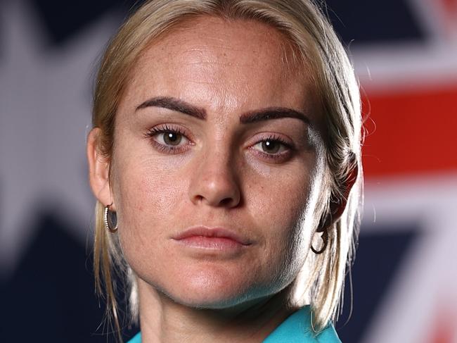 MELBOURNE, AUSTRALIA - JULY 03: Ellie Carpenter of the Matildas poses during an Australia Matildas portrait session ahead of the 2023 FIFA Women's World Cup at La Trobe University Sports Fields on July 03, 2023 in Melbourne, Australia. (Photo by Robert Cianflone/Getty Images)