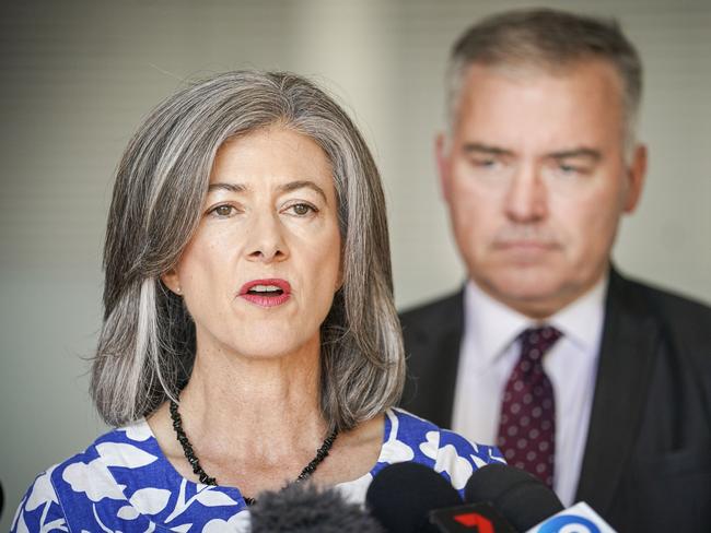 Professor Nicola Spurrier speaks to reporters at Flinders Medical Centre on Sunday, March 9 as Health Minister Stephen Wade looks on. Picture: Mike Burton