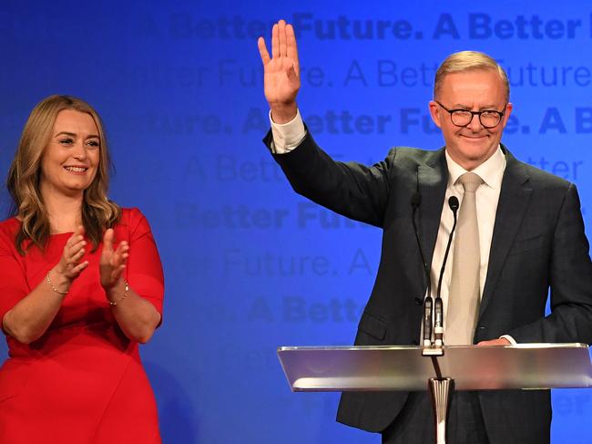 A jubilant Anthony Albanese with his partner Jodie Haydon on election night. Picture: Getty