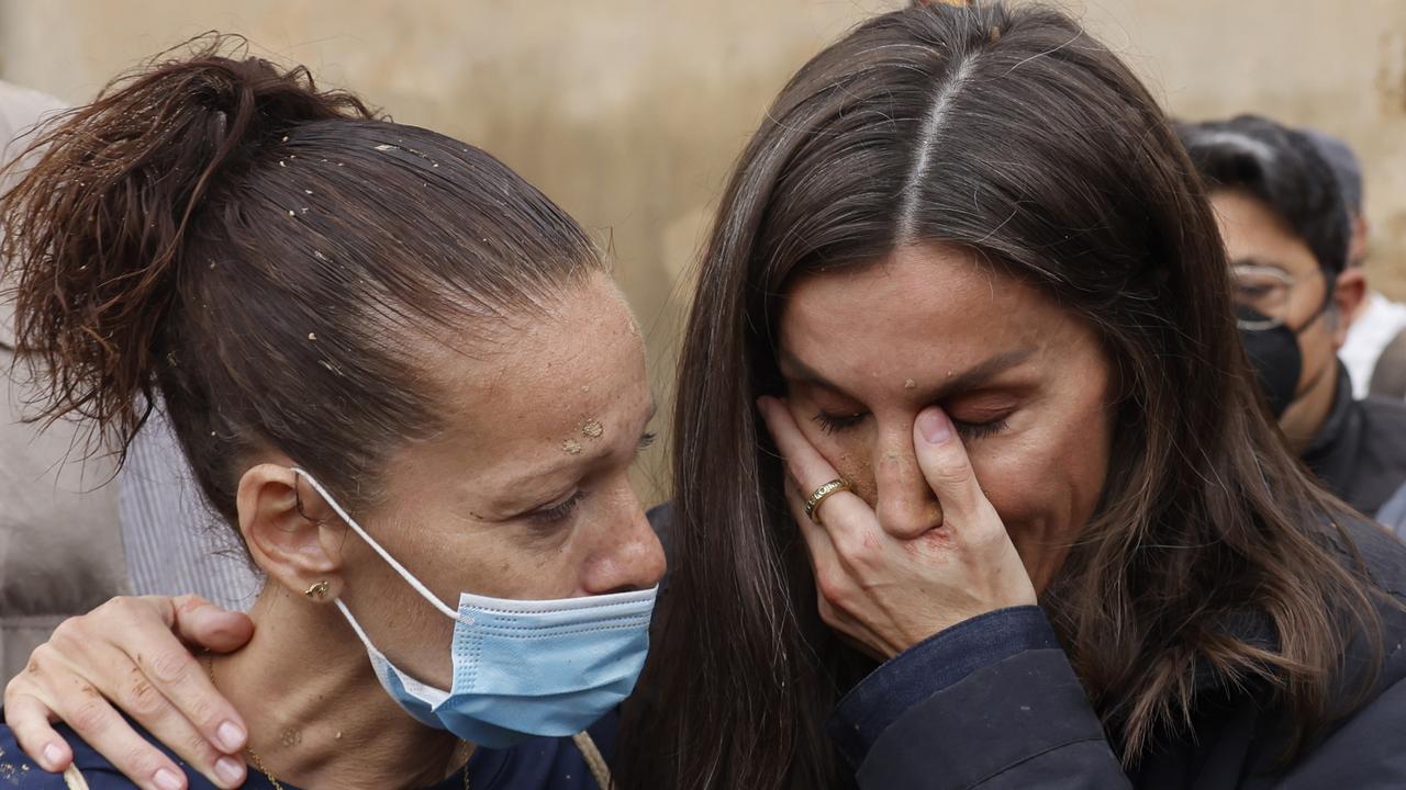 Queen Letizia was overcome as she offered comfort to a Paiporta woman affected by the floods. Picture: Ana Escobar/EFE via AP