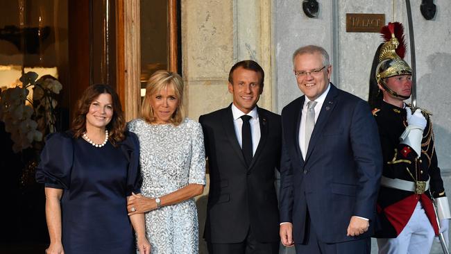 The Macron’s with Scott Morrison and wife Jenny in 2019. Picture: AFP