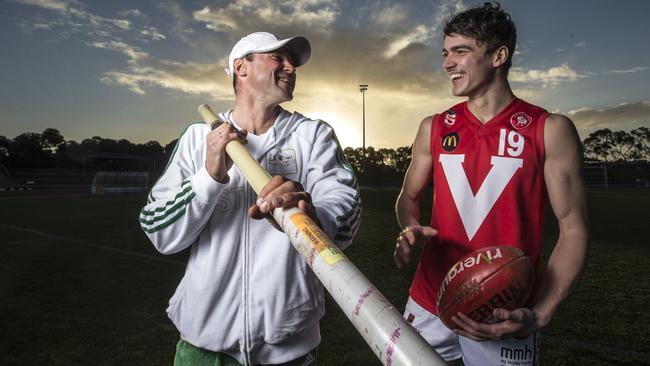 1/8/14 Dmitri Markov with his son Oleg at Santos Stadium, Mile End. The son of former world champion pole vaulter Dmitri Markov is being touted as an AFL draft prospect and has been invited to this year's AFL draft combine.