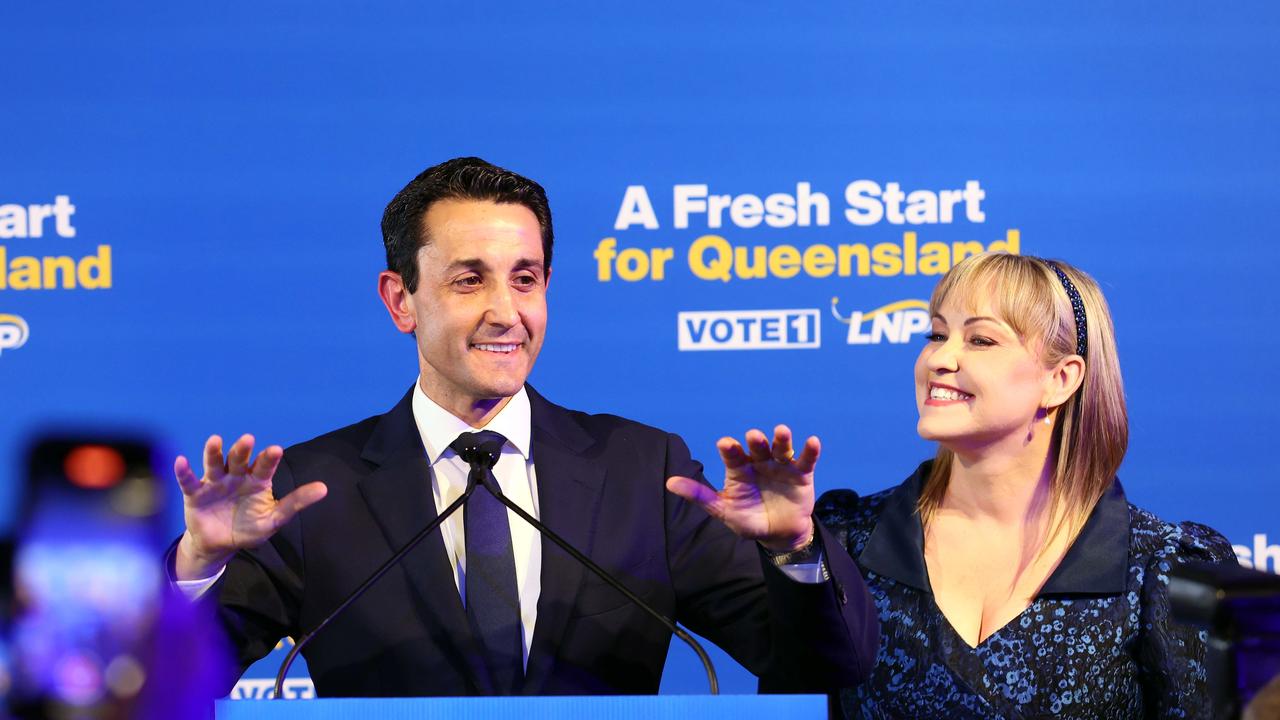 LNP leader David Crisafulli and his wife Tegan thanked their supporters after their big win. Picture: NewsWire/Tertius Pickard