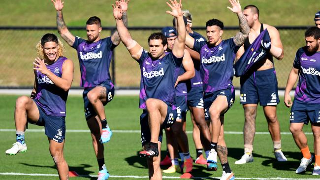 Dale Finucane, centre, will lead the charge for Melbourne Storm against Sydney Roosters Picture: Getty Images