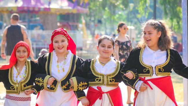 From L Anna Lambrinidis, Zografia Rainoutis, Savvina Mousellis and Isabella El Zahed at the 2021 Greek Glenti Festival on the Esplanade. Picture: Glenn Campbell