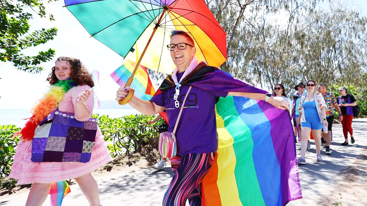 Holly-Rose Powell and Mel Johnston marched along the Cairns Esplanade for the Pride Stride on Saturday, part of the 2024 Cairns Pride Festival. Picture: Brendan Radke