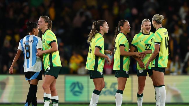 The Matildas defeated Argentina 2-0 in a friendly on Friday. (Photo by Morgan Hancock/Getty Images)