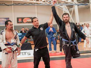 Tewantin's Jed Gray after winning the Medium Heavy Masters 1 Blue Belt division at the 2019 Sunshine Coast Brazilian Jiu-Jitsu Championship. Picture: James Thorne